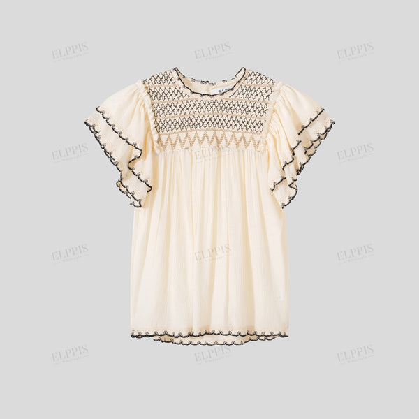 Color-block embroidered flutter sleeve woven top