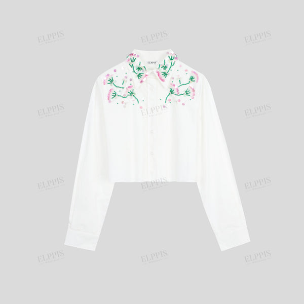 Handcrafted beaded short long sleeve shirt