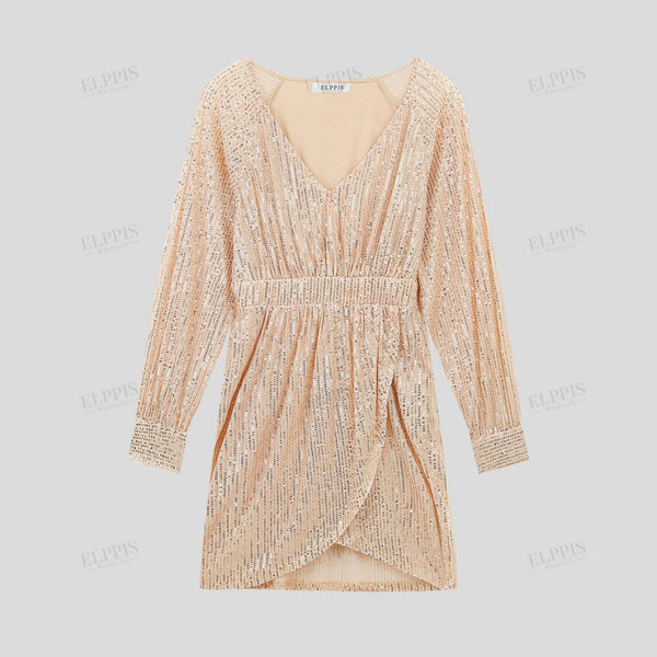 Sequined raglan long sleeve V-neck waist-cinched midi dress