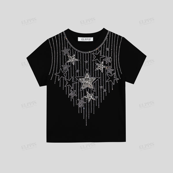 Studded and rhinestone straight H-line T-shirt