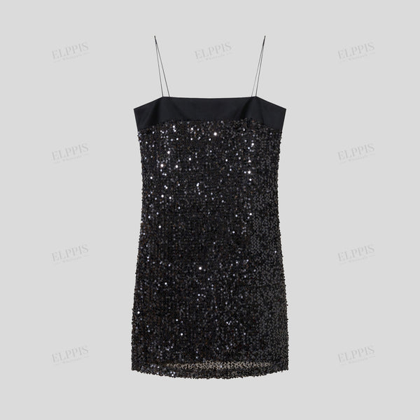 Black spaghetti strap sequined A-line mini dress