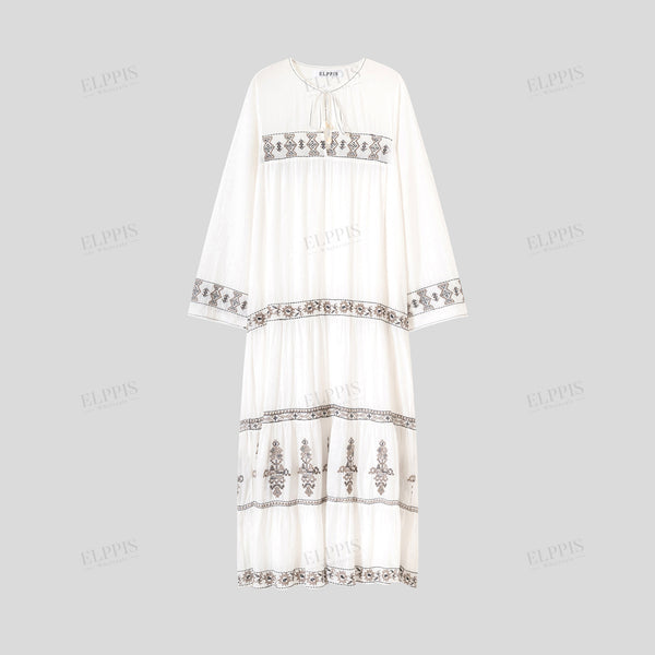 Embroidered rayon H-line long sleeve maxi dress