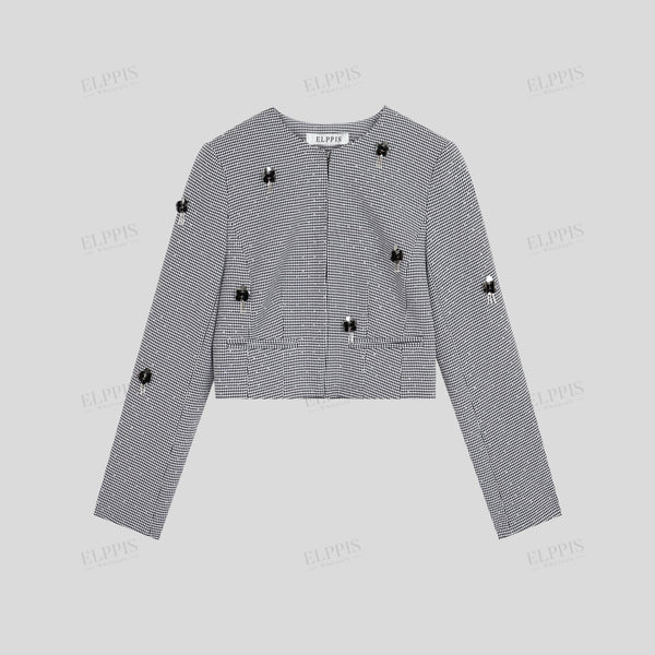 3D embellished rhinestone houndstooth long sleeve cropped Chanel-style jacket