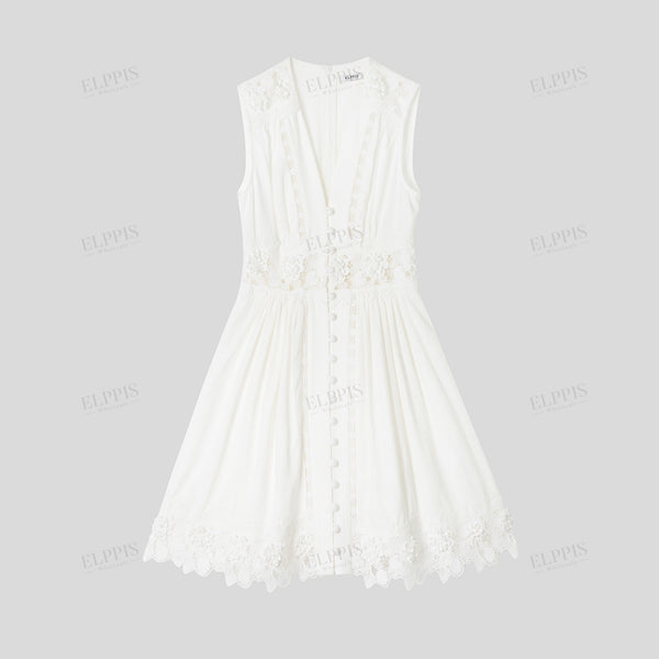 Light Luxury French Minimalist Linen Color-Blocked Lace Hollow-Out Tank Dress