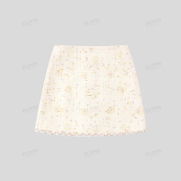 Heavy Embroidery Beaded Boucle Pearl-Detail French Tweed-Style Midi Skirt