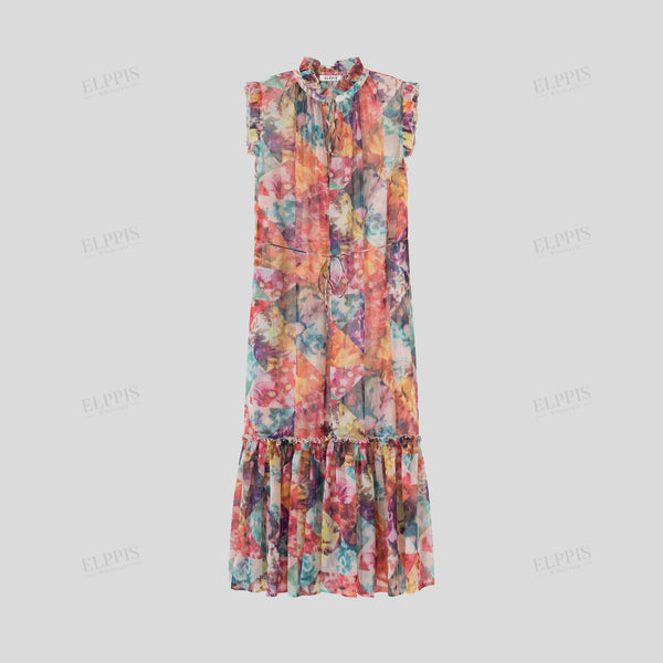 Chiffon digital print stand collar A-line midi sleeveless dress