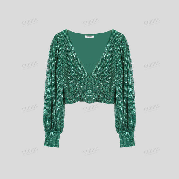 French elegant sequin shimmering fitted V-neck top