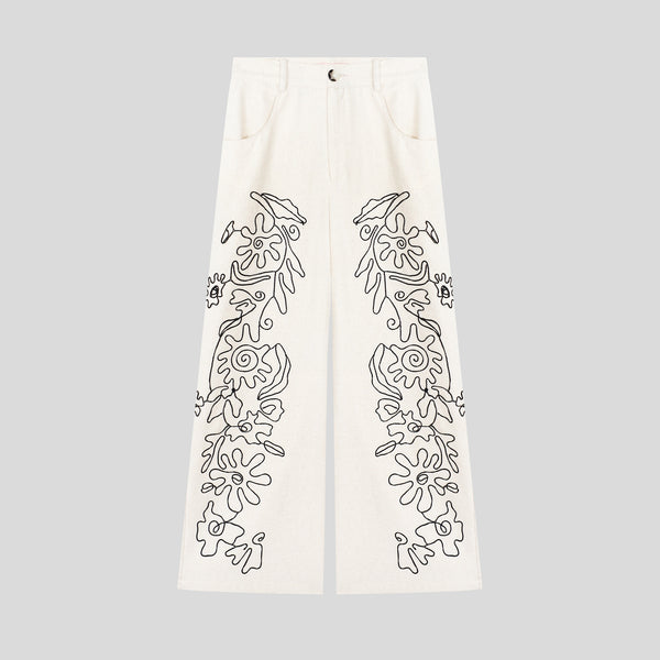 Bohemian style positioned embroidered straight-leg trousers