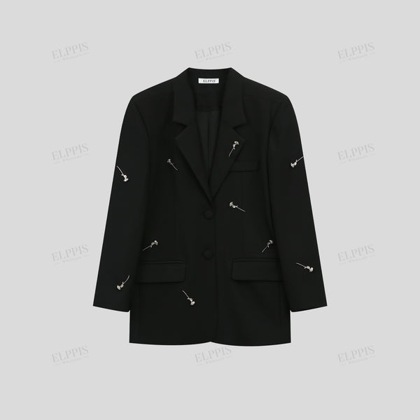 Classic black handcrafted accessory H-line long sleeve lapel blazer