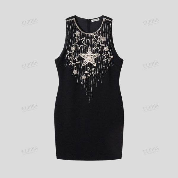 Handmade embellished elegant round neck sleeveless fitted mini dress