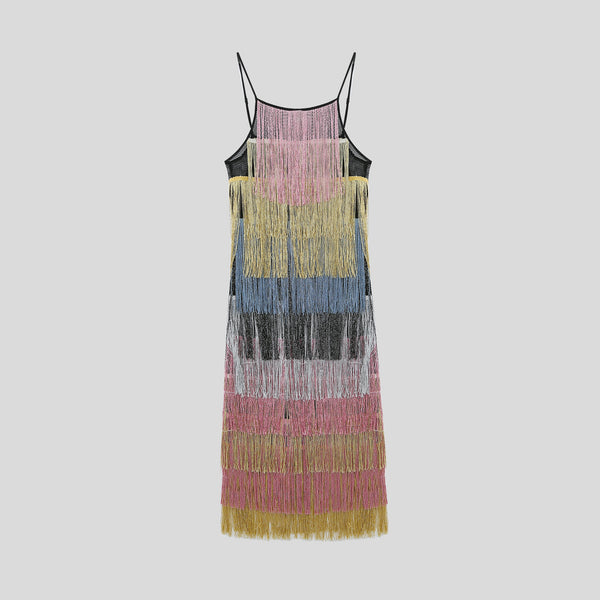 Light Luxury Straight H-Line Fringe Cami Midi Dress