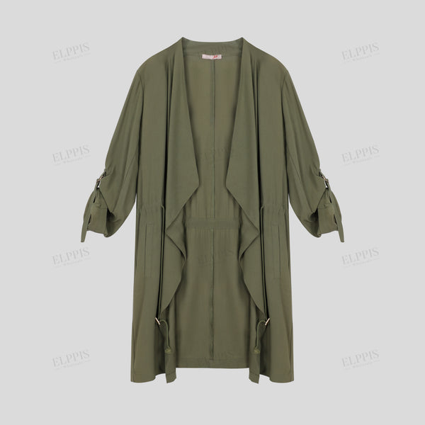 Drawstring waist open-front collarless long sleeve jacket