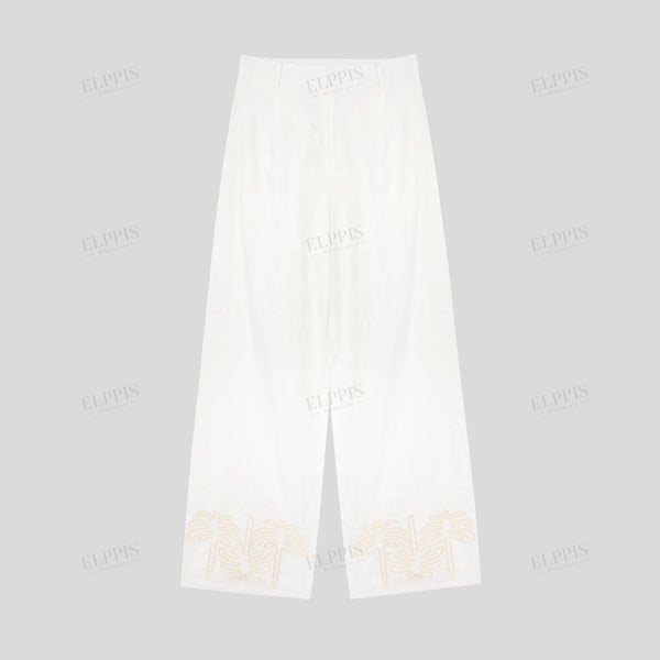 Linen Blend Heavy Embroidered Coconut Tree Trousers