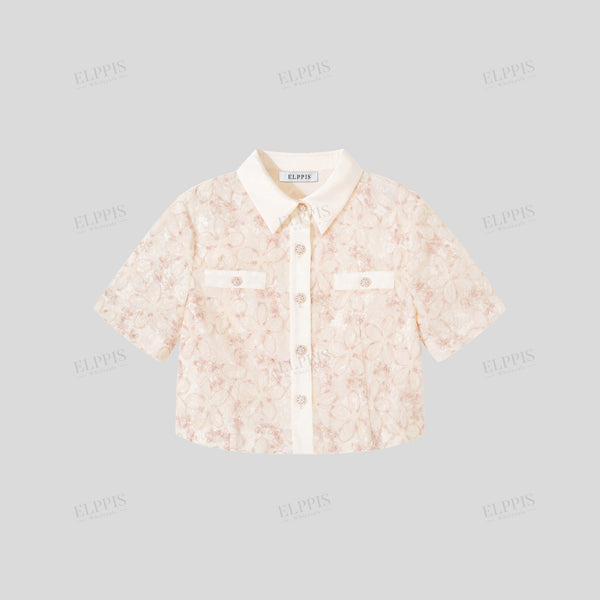 Mesh three-dimensional floral embroidered two-tone cropped short sleeve top