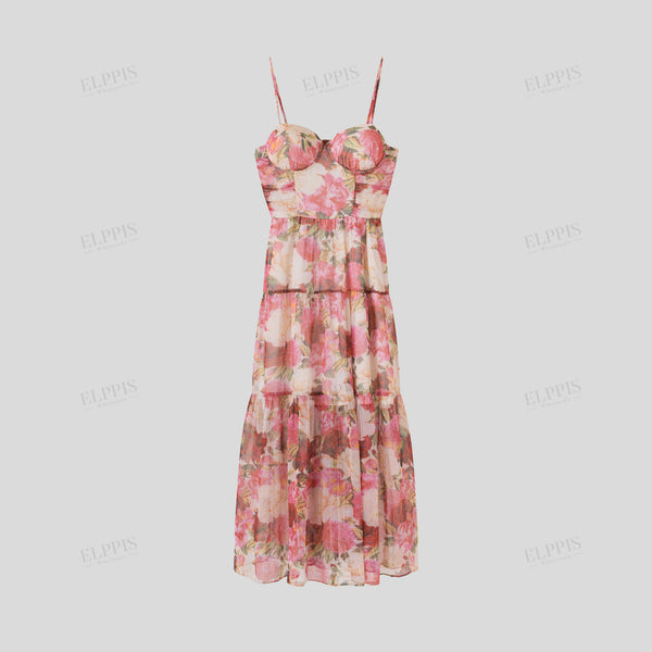 Chiffon digital print cup bodice maxi spaghetti strap dress