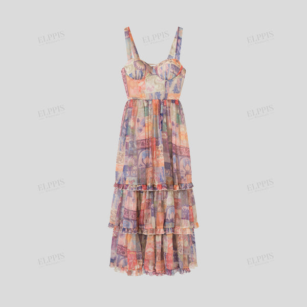 Chiffon digital print bralette style maxi spaghetti strap dress