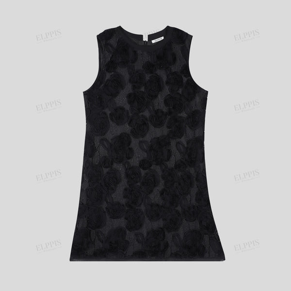 3D flower A-line midi round neck sleeveless dress in Chanel style