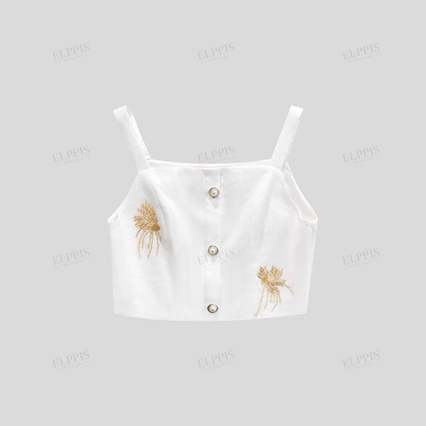 Positioned floral beaded embroidery pattern decorative button cropped camisole