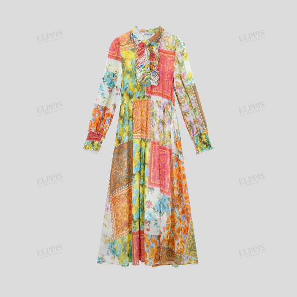 Digital print single-button long sleeve stand collar A-line maxi dress