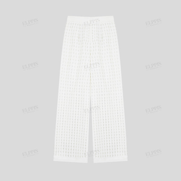 Rhinestone embellished faux linen wide-leg trousers