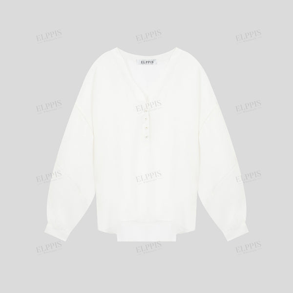 Lace panel cotton-linen loose O-line long sleeve shirt