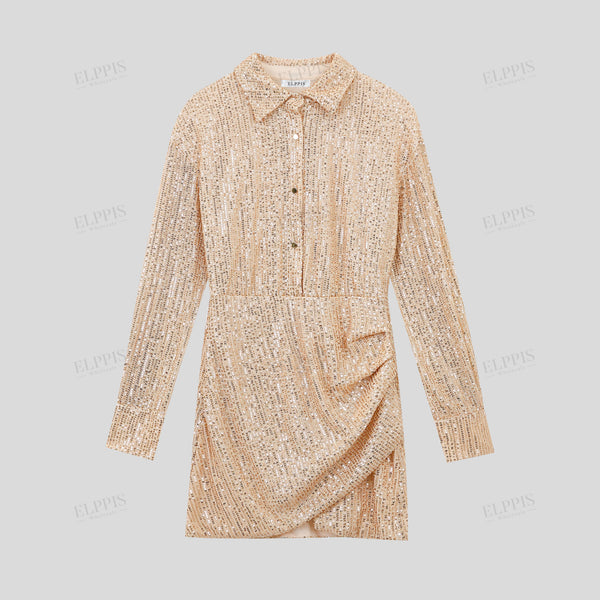 Sequin lapel drop shoulder fitted long sleeve dress