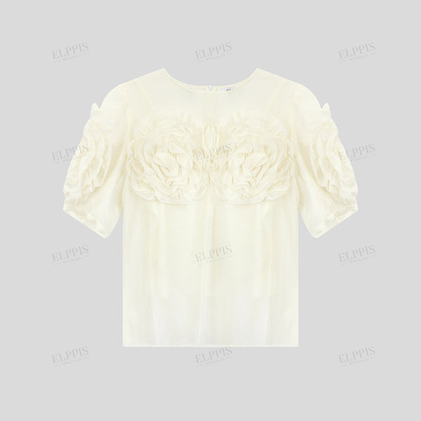 Romantic elegant 3D floral decorative chiffon short sleeve top