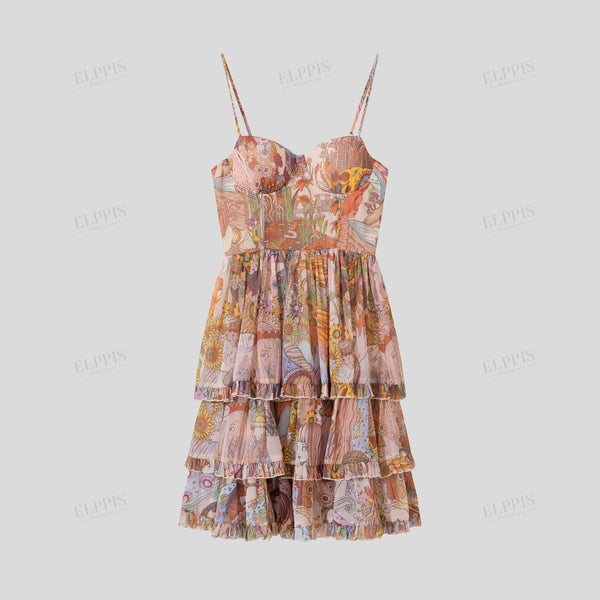 Romantic vacation chiffon printed spaghetti strap dress