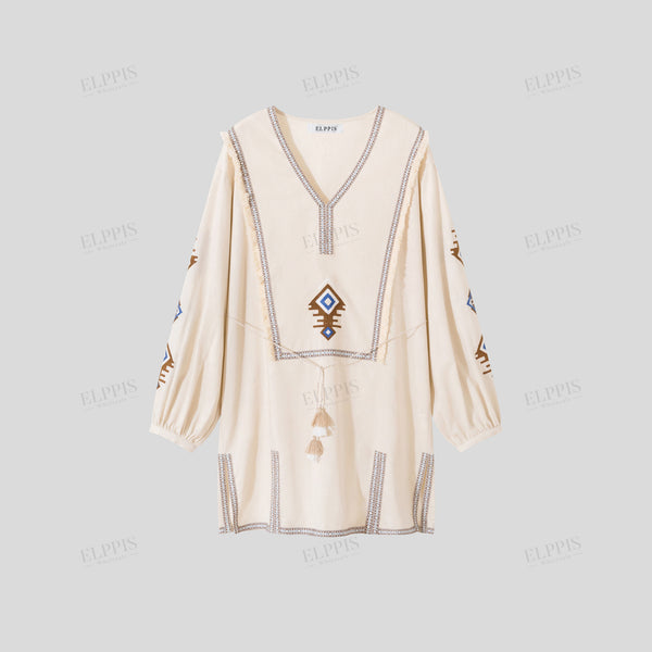 Webbing embroidered cotton-linen H-line long sleeve cropped dress