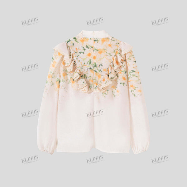 Single breast ruffle neckline border prints  blouse