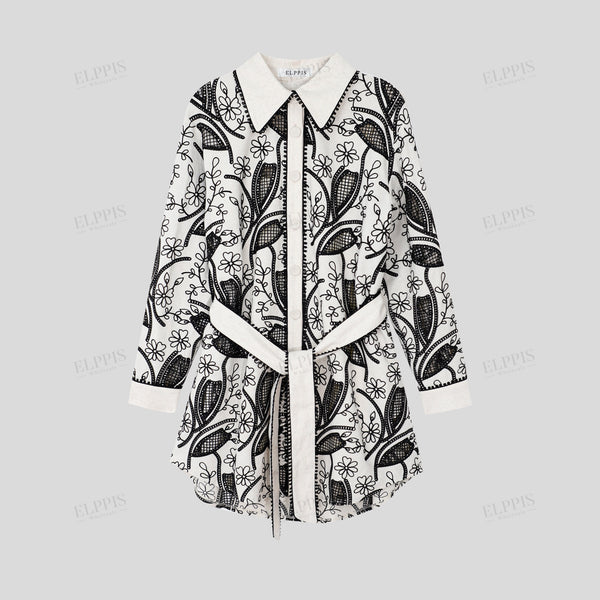 Loose-fit black apricot linen embroidered lace shirt dress