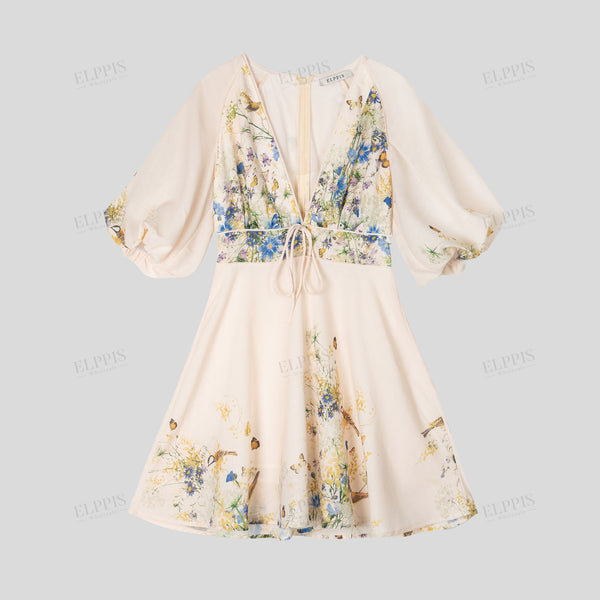 Positioned Print V-Neck Three-Quarter Sleeve Dress