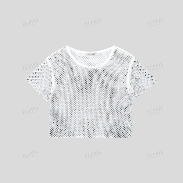 Heavy-duty lace grid rhinestone round neck short T-shirt