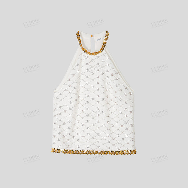 Sequin Beaded Color-Blocked Halter Top