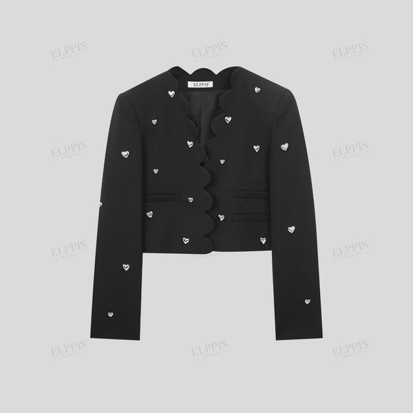 Heart-shaped 3D embellishment H-line cropped long sleeve jacket