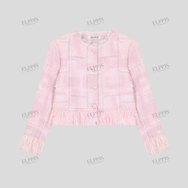 Jacquard rhinestone-embellished genuine fur trim H-line long sleeve round neck Chanel-style coat