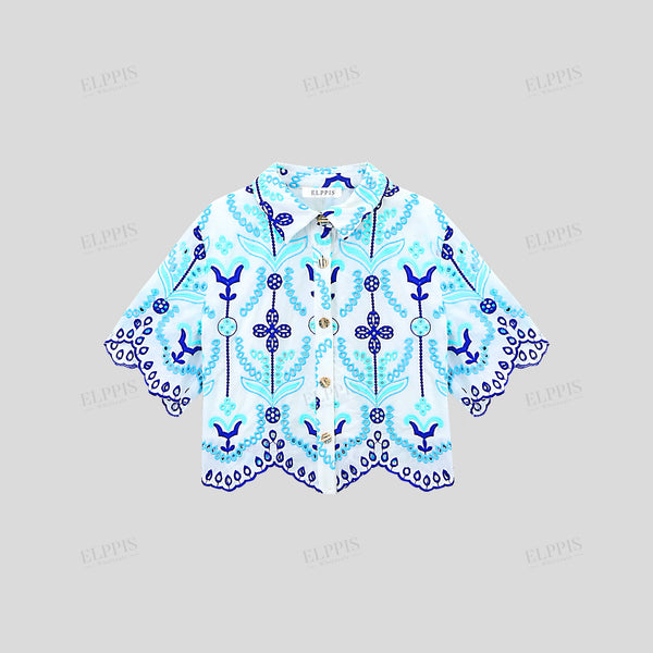 Straight H-Line Cotton Vacation Lace Color-Blocked Shirt