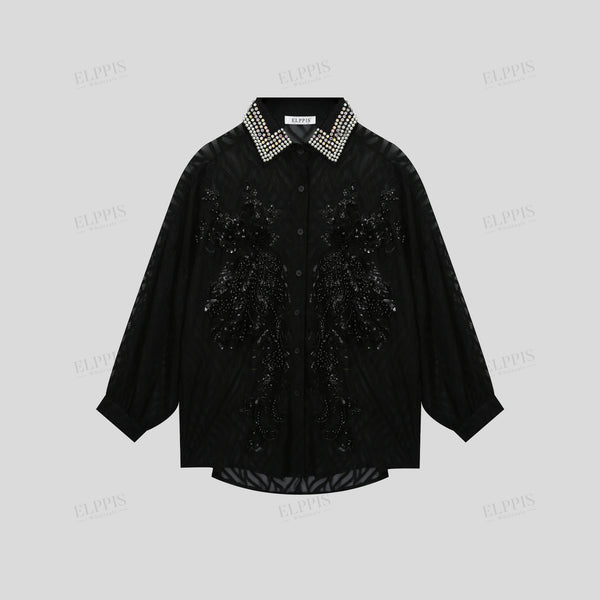 Beaded 3D embroidered H-line long sleeve shirt