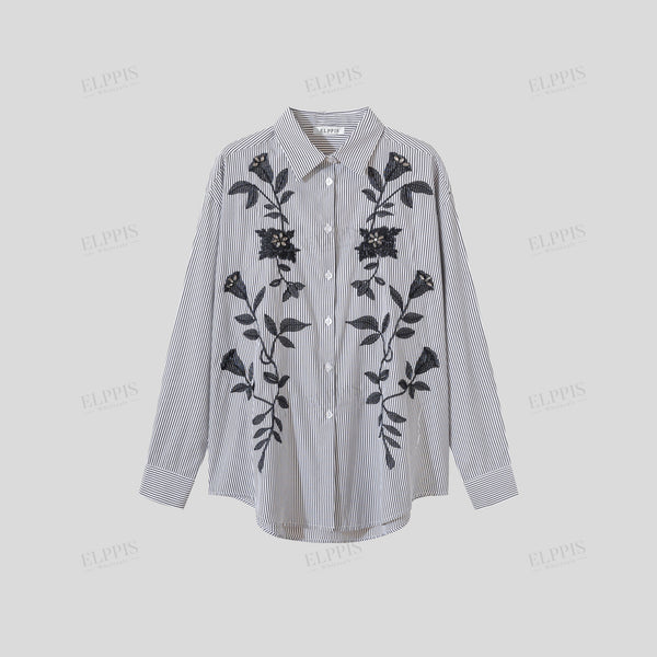 Striped embroidered beaded straight H-line long sleeve shirt