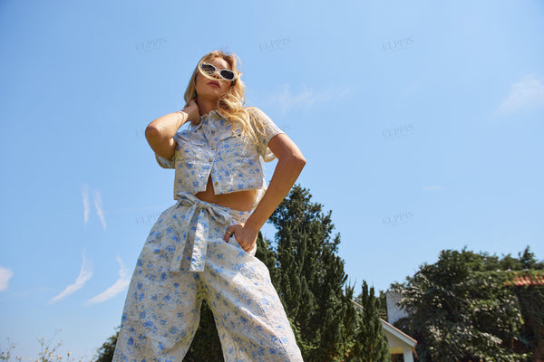 French romantic floral embroidered wide-leg trousers