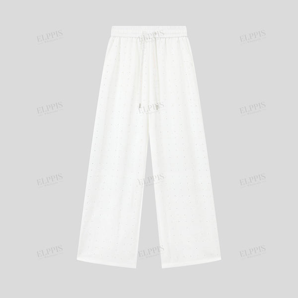 Satin pleated fabric rhinestone-embellished straight H-line trousers