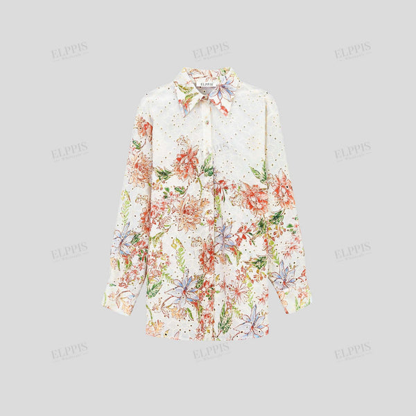 Cotton embroidered printed long-sleeve top