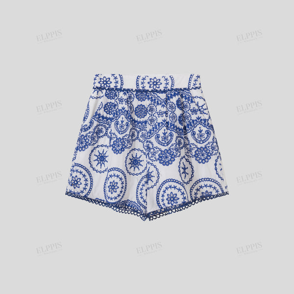 Color-block cotton embroidered A-line shorts