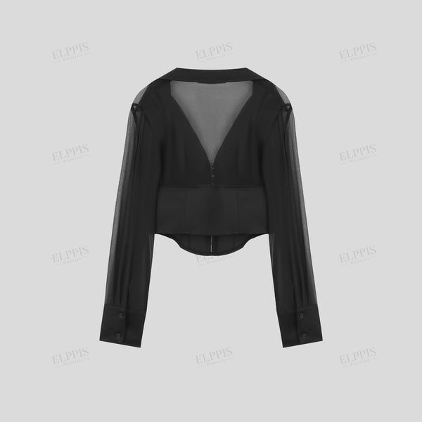 Chiffon and silk satin panel short long sleeve top