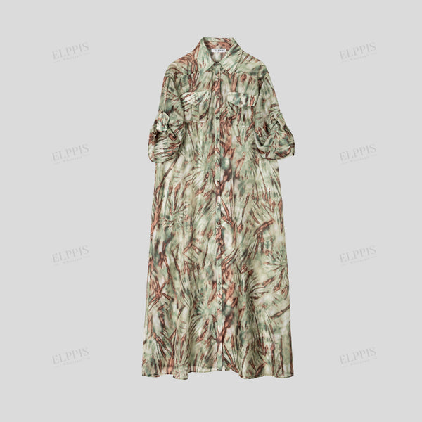 Luxury Vintage Camouflage Printed Chiffon Straight H-Line Shirt Dress
