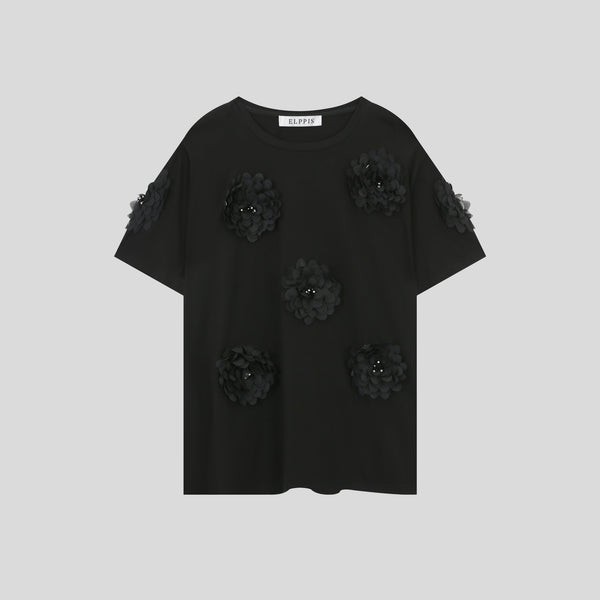 Black 3D flowers decorative beads straight tube short sleeve t-shirt