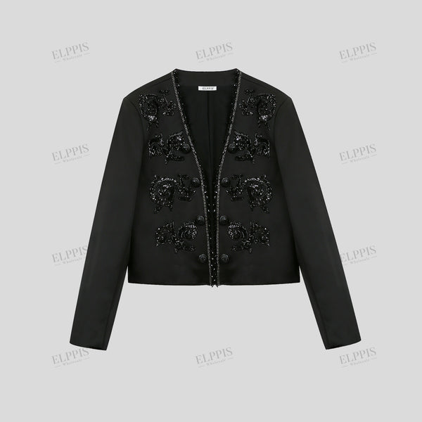 Black beaded court-style embellished long sleeve jacket