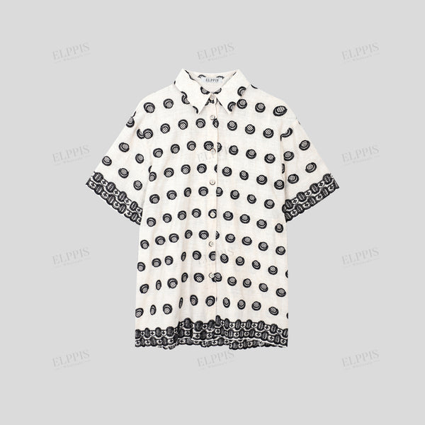 Black Polka Dot Placement Embroidered Short Sleeve Top