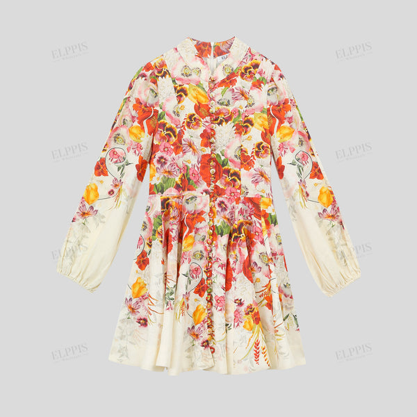 Positioned printed court-style long sleeve dress