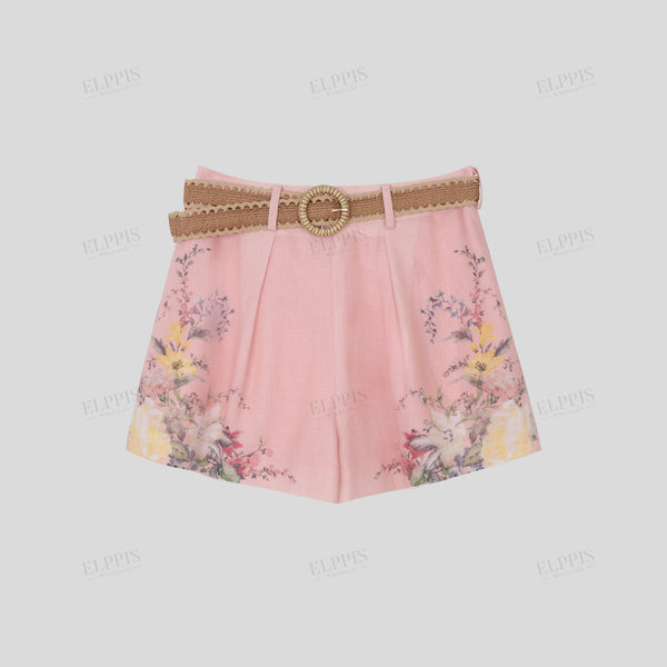 Border print A-line belted shorts